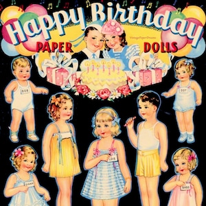 Vintage Paper Doll Printable PDF • Happy Birthday Paper Doll • 30er 1930s Paper Doll Muster digitaler Download • Mädchen Junge Puppe Tanz Clip Art