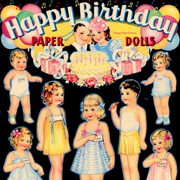 Vintage Paper Doll Printable PDF • Happy Birthday Paper Doll • 30s 1930s Paper Doll Pattern Digital Download • Girl Boy Doll Dance Clip Art