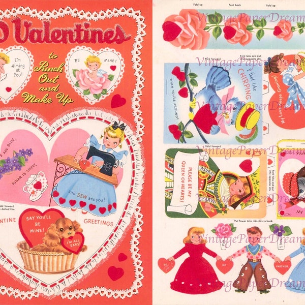 40 Vintage Valentines Card Printable PDF • 1950s Holiday Card Paper Doll Book JPEG • Midcentury Paper Craft 50s Love Hearts Images Clip Art