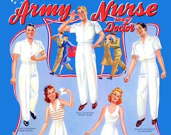 Vintage Paper Doll Printable PDF • Army Nurse Doctor Paper Dolls • 40s 1940s Hospital Medical Paper Doll Download WWII Paper Doll Clip Art