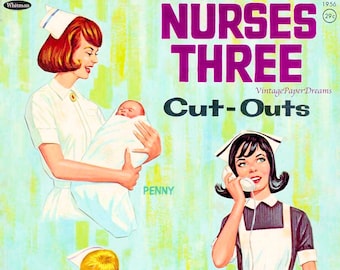 Vintage Paper Doll Printable PDF • Nurse Paper Dolls • 60s 1960s Brunette Blonde Redhead Paper Doll Download Lady Doctor Paper Doll Clip Art
