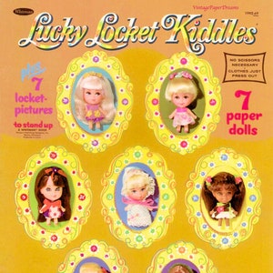 May include: A vintage "Lucky Locket Kiddles" set featuring seven small paper dolls in oval frames. The packaging is yellow with the text "Lucky Locket Kiddles" in a whimsical font. The set includes seven locket pictures and seven paper dolls.