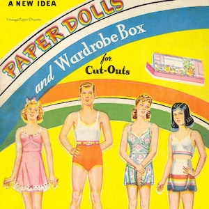 Vintage papieren pop afdrukbare PDF • Tiener papieren poppen • Jaren 40 jaren 1940 papieren pop downloaden • Zomerfeest Dame Vrouw Pop Man Mannelijke Pop Clip Art