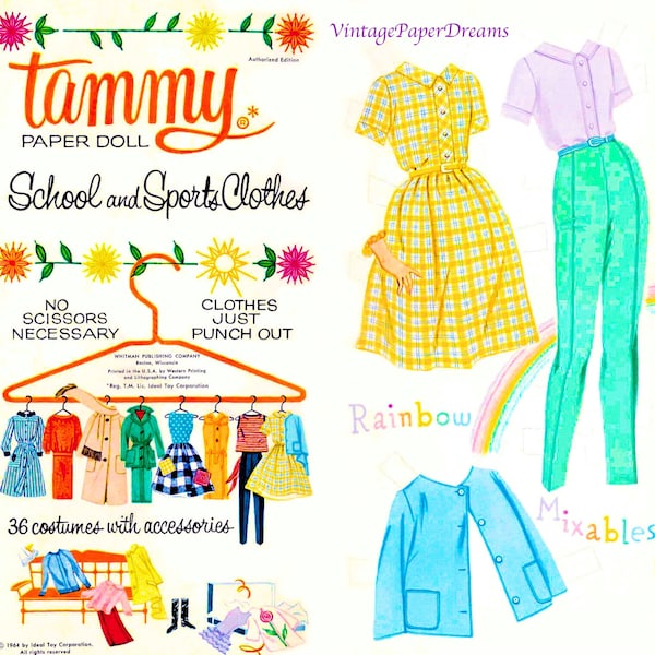 poupée de papier vintage imprimable PDF • School Girl Tammy Paper Doll • 60s 1960s Blonde Paper Doll Digital Download 11.5" Inch Fashion Clip Art