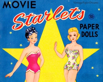 Lalka papierowa w stylu vintage do druku w formacie PDF • Lalki papierowe gwiazdki filmowe • Wzór na lalkę papierową z lat 40. i 40. XX wieku do pobrania • Grafika wektorowa gwiazdy filmowej z Hollywood