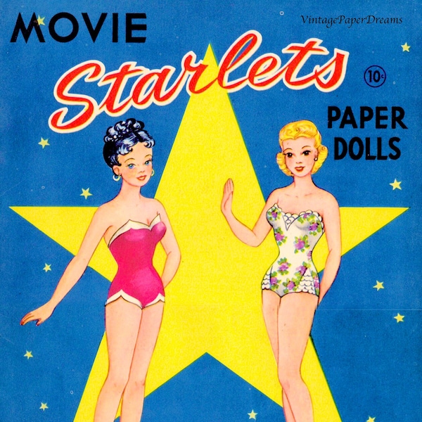 Vintage Paper Doll Printable PDF • Movie Starlet Paper Dolls • 40s 1940s Paper Doll Pattern Download • Hollywood Movie Star Actress Clip Art