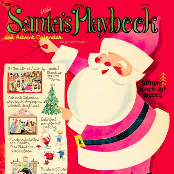 Vintage Christmas Activity Book Printable PDF • Santa's Playbook Paper Craft Book Paper Doll Book JPEG • 60s 1960s Xmas Tree Images Clip Art