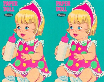 Vintage Paper Doll Printable PDF • Baby's Hungry Paper Doll • 60s 1960s Blonde Baby Girl Feeding Kid Paper Doll Download Baby Doll Clip Art