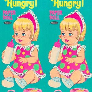 PDF stampabile bambola di carta vintage • Bambola di carta affamata del bambino • Bambina bionda degli anni '60 e '60 che allatta il bambino Scarica clip art bambola di carta