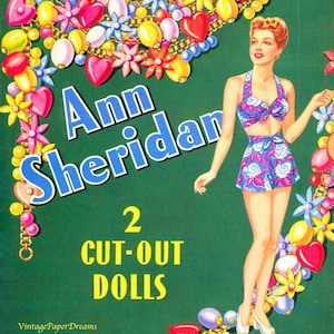 PDF imprimible de muñeca de papel vintage • Muñeca de papel Eve Arden • Descarga de patrón de muñeca de papel de los años 40 • Imágenes prediseñadas de actriz estrella de cine de Hollywood antigua