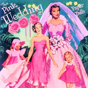 Bambola di carta vintage stampabile PDF JPEG • Matrimonio rosa • Modello di bambola di carta anni '50 anni '50 Download digitale • ClipArt della bambola dello sposo della sposa Ragazza nuziale