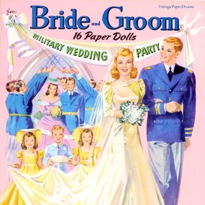 Bambola di carta da matrimonio vintage PDF • Sposa e sposo stampabili • Bambola di carta degli anni '40 della seconda guerra mondiale da scaricare • Clip Art Ragazza dei fiori Militare Matrimonio Esercito