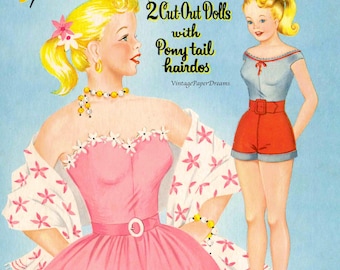 Vintage Paper Doll Printable PDF • Best Friends Paper Dolls • 50s 1950s Blonde Ponytail Brunette Girl Paper Doll Digital Download Clip Art