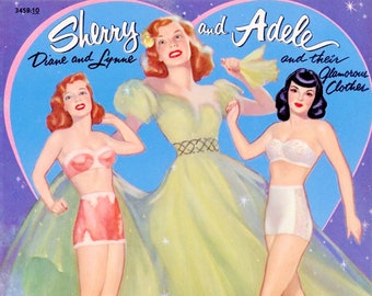 Vintage Paper Doll Printable PDF • Sherry + Adele Paper Doll JPEG • 50s 1950s Woman Paper Doll Download Blonde Movie Star Dress Clip Art JPG