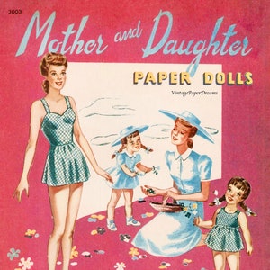 Vintage papieren pop afdrukbare PDF • Moeder dochter papieren poppen • Jaren '40 jaren 1940 papieren pop Download Brunette moeder Mama familie papieren pop illustraties
