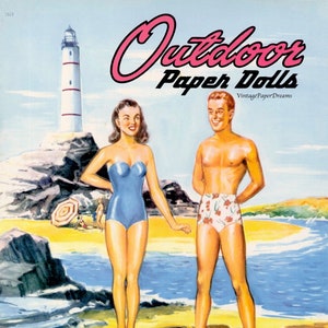 PDF imprimible de muñeca de papel vintage • Muñeca de papel de vacaciones • Descarga de muñeca de papel de los años 40 de la década de 1940 • Fiesta de verano Señora Mujer Muñeca Hombre Hombre Muñeca Clip Art