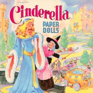 Boneca de papel vintage para impressão PDF • Livro de boneca de papel Cinderela JPEG • Anos 50 1950 Príncipe Princesa Boneca de papel Baixar clipart do castelo de conto de fadas