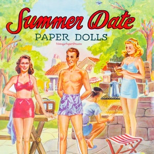 Muñeca de papel vintage PDF imprimible • Muñecas de papel con fecha de verano • Años 40 Década de 1940 Descarga de muñecas de papel Fiesta en la piscina Dama Mujer Muñeca Hombre Muñeca masculina Clip Art