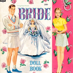 PDF stampabile bambola di carta vintage • bambola di carta sposa • modello di bambola di carta anni '50 anni '50 download digitale • clip art bambola sposa sposo ragazza nuziale