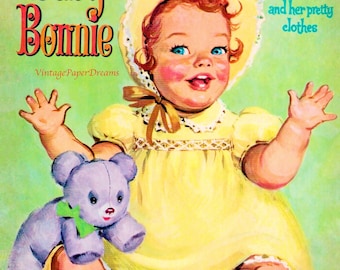 PDF stampabile bambola di carta vintage • Bambola di carta Baby Bonnie • Bambola di carta bambino dai capelli rossi anni '60 e '60 Scarica clip art bambola di carta