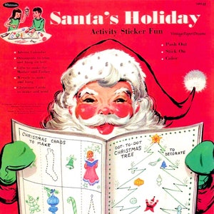 Libro di attività natalizie vintage PDF stampabile • Vacanze di Babbo Natale Unisci i punti Libro delle bambole di carta JPEG • Immagini dell'albero di Natale degli anni '60 e '60 Clip Art