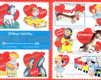 Vintage Valentines Card Printable PDF • 1960s Kid Holiday Valentine Card Book JPEG • Midcentury Paper Craft 60s Love Hearts Images Clip Art