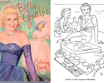 Vintage Coloring Book Printable PDF • Betty Grable Colouring Book • 50s 1950s Adult Woman Activity Book Download Movie Star Dress Art JPG
