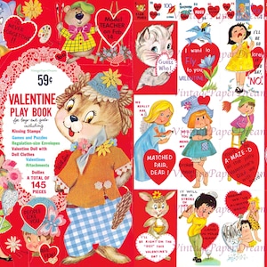 Vintage Valentines Play Book Printable PDF • 1950s Holiday Card Paper Doll Book JPEG Midcentury Paper Craft 50s Love Hearts Images Clip Art