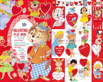 Vintage Valentines Play Book Printable PDF • 1950s Holiday Card Paper Doll Book JPEG Midcentury Paper Craft 50s Love Hearts Images Clip Art