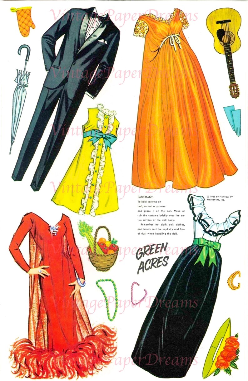 Vintage Paper Doll Printable PDF green Acres Paper Dolls 60s 1960s