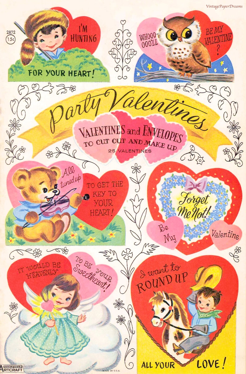 25 Vintage Valentines Card Printable PDF 1950s Holiday Kid Valentine's ...