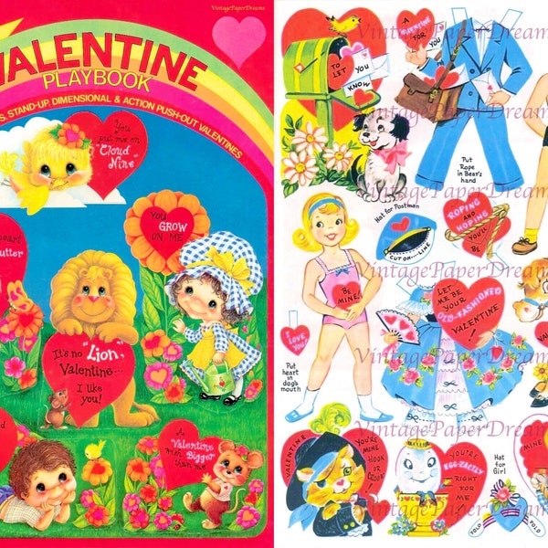 175 Valentines Activity Play Book Printable PDF • 1950s Holiday Card Paper Doll Book JPEG • Midcentury Paper Craft 50s Heart Images Clip Art