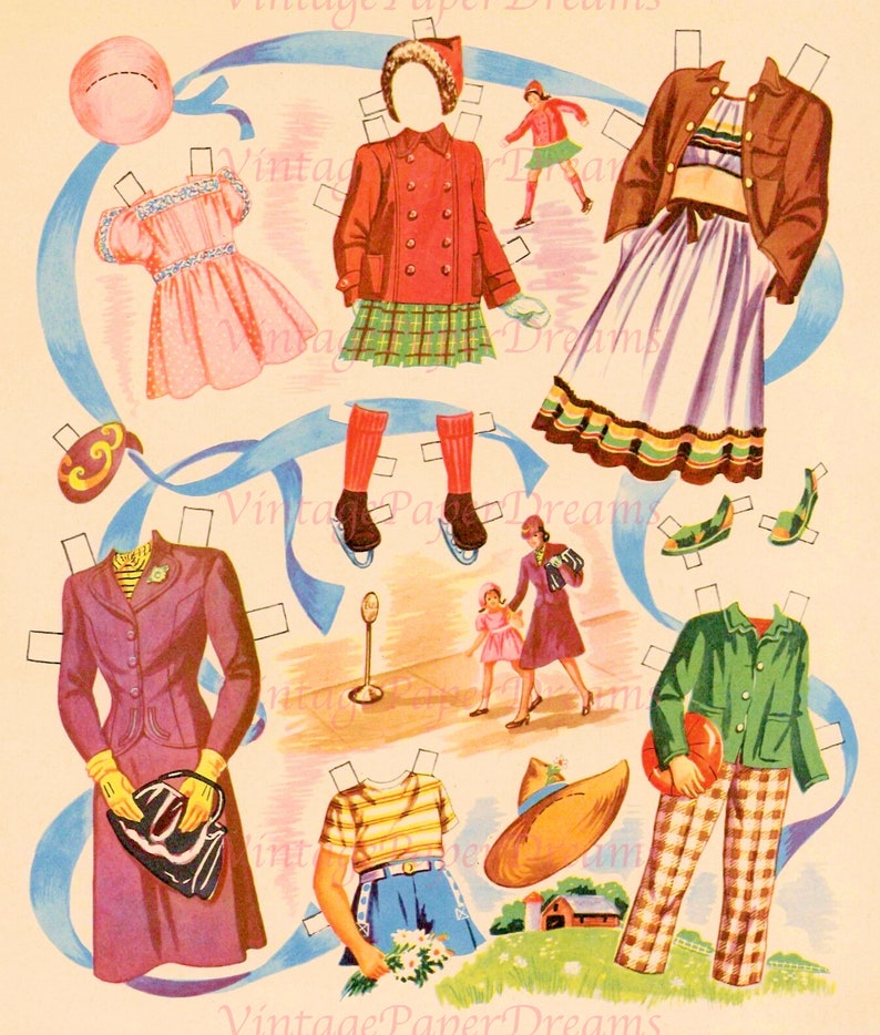 Vintage Paper Doll Printable PDF mother Dad Kids Paper Dolls 40s 1940s