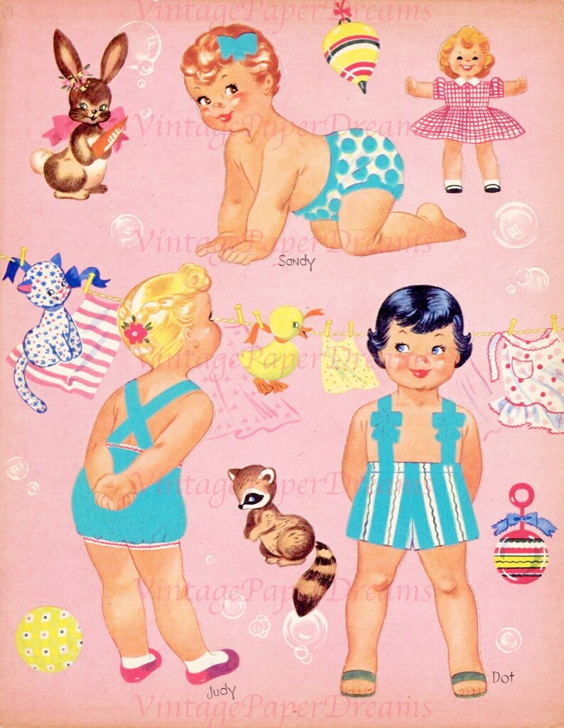 Vintage Paper Doll Printable PDF Baby Doll Paper Doll JPEG 50s 1950s Little Kid Paper Doll