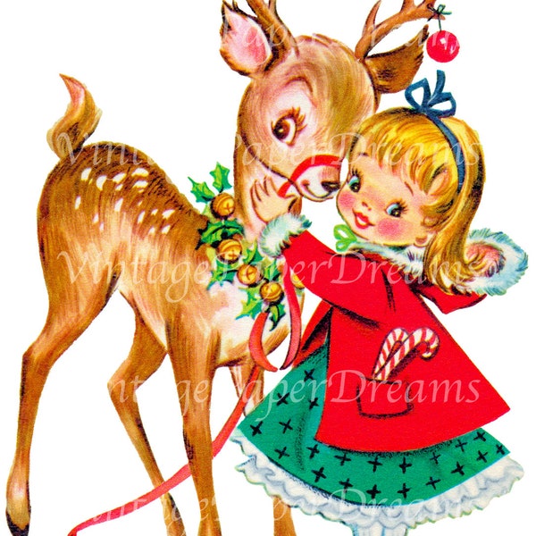 Vintage Printable Christmas Card Printable PDF Download • Reindeer Girl Red Coat Deer • 1950s Xmas JPEG Scrapbook Junk Journal Ephemera PNG