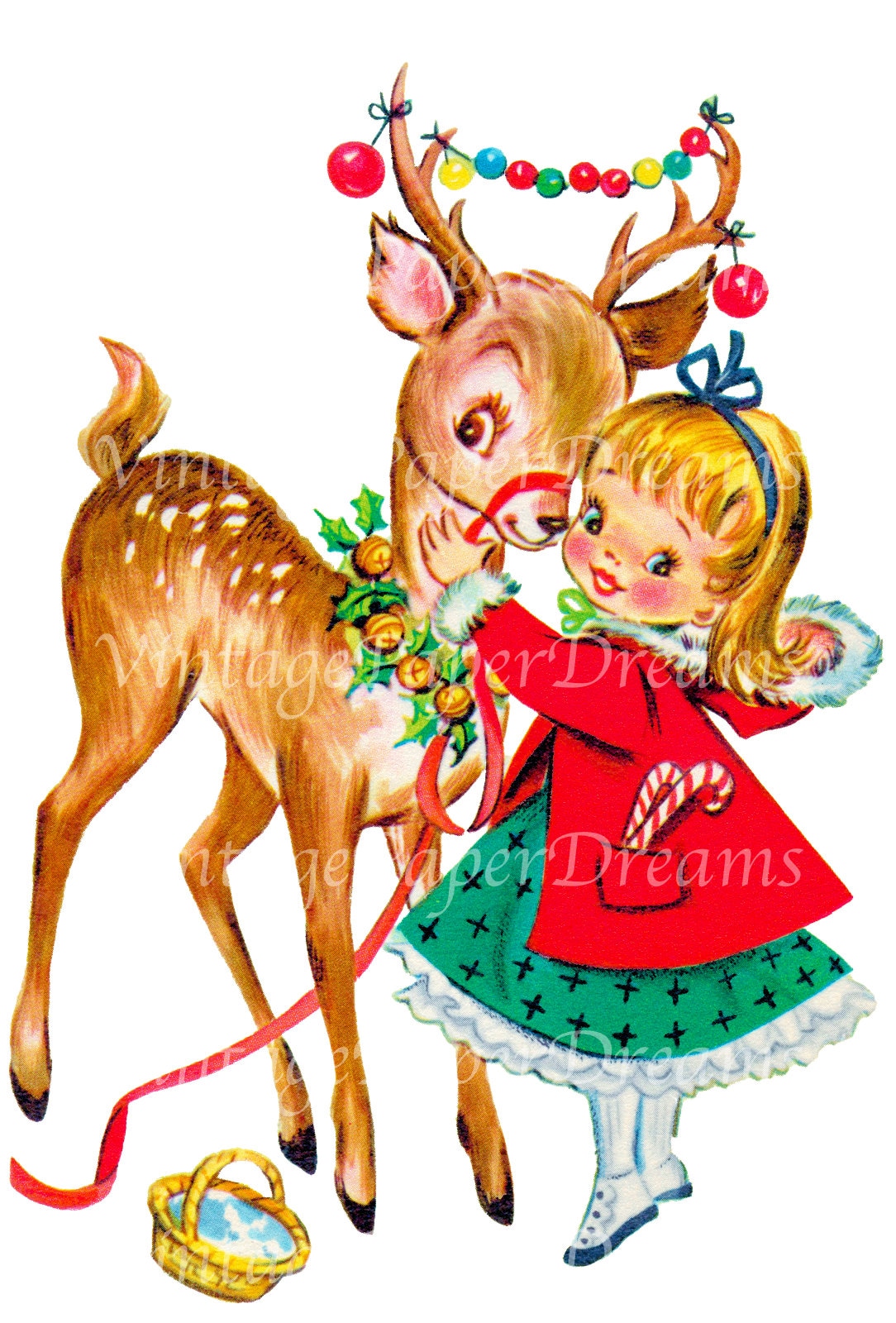 Vintage Printable Christmas Card Printable PDF Download Reindeer Girl ...