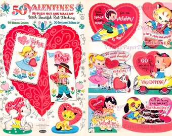 50 Vintage Valentines Book Printable PDF • 1960s Holiday Card Paper Doll Book JPEG • Midcentury Paper Craft 60s Love Hearts Images Clip Art