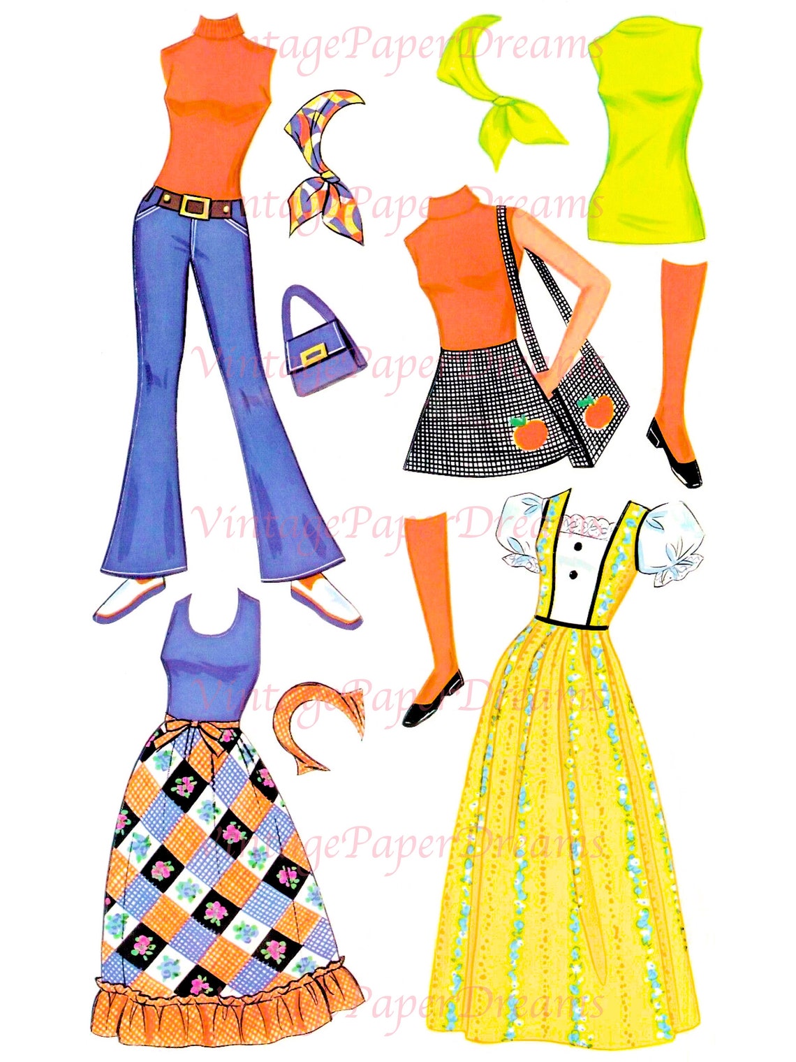 Vintage Paper Doll Printable PDF malibu PJ Paper Doll 70s 1970s Paper Doll Digital Download 11.5