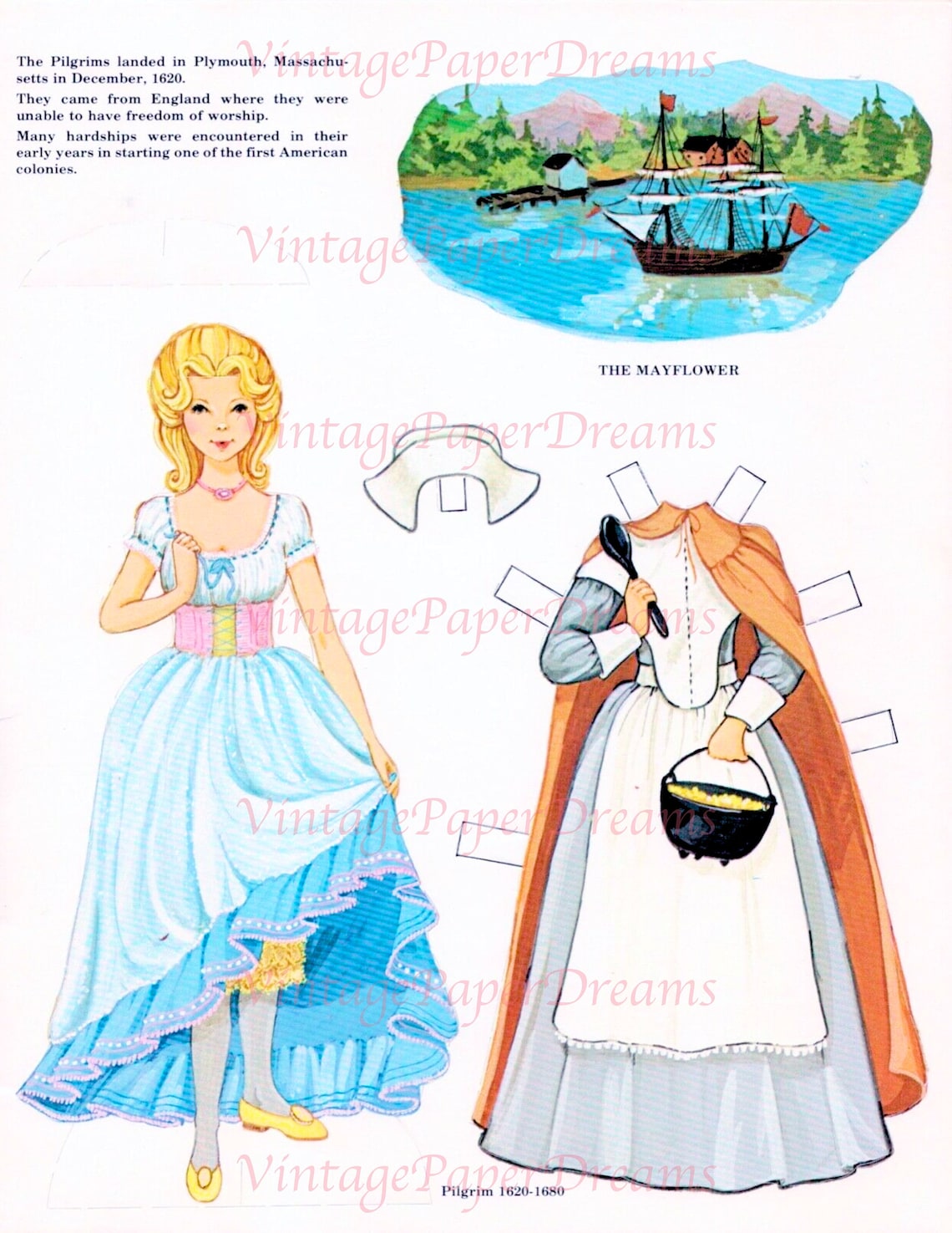 Vintage Paper Doll Printable PDF Colonial America Pilgrim Paper Dolls