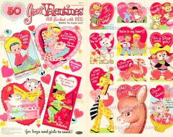50 Vintage Valentines Book Printable PDF • 1950s Holiday Card Paper Doll Book JPEG • Midcentury Paper Craft 50s Love Hearts Images Clip Art