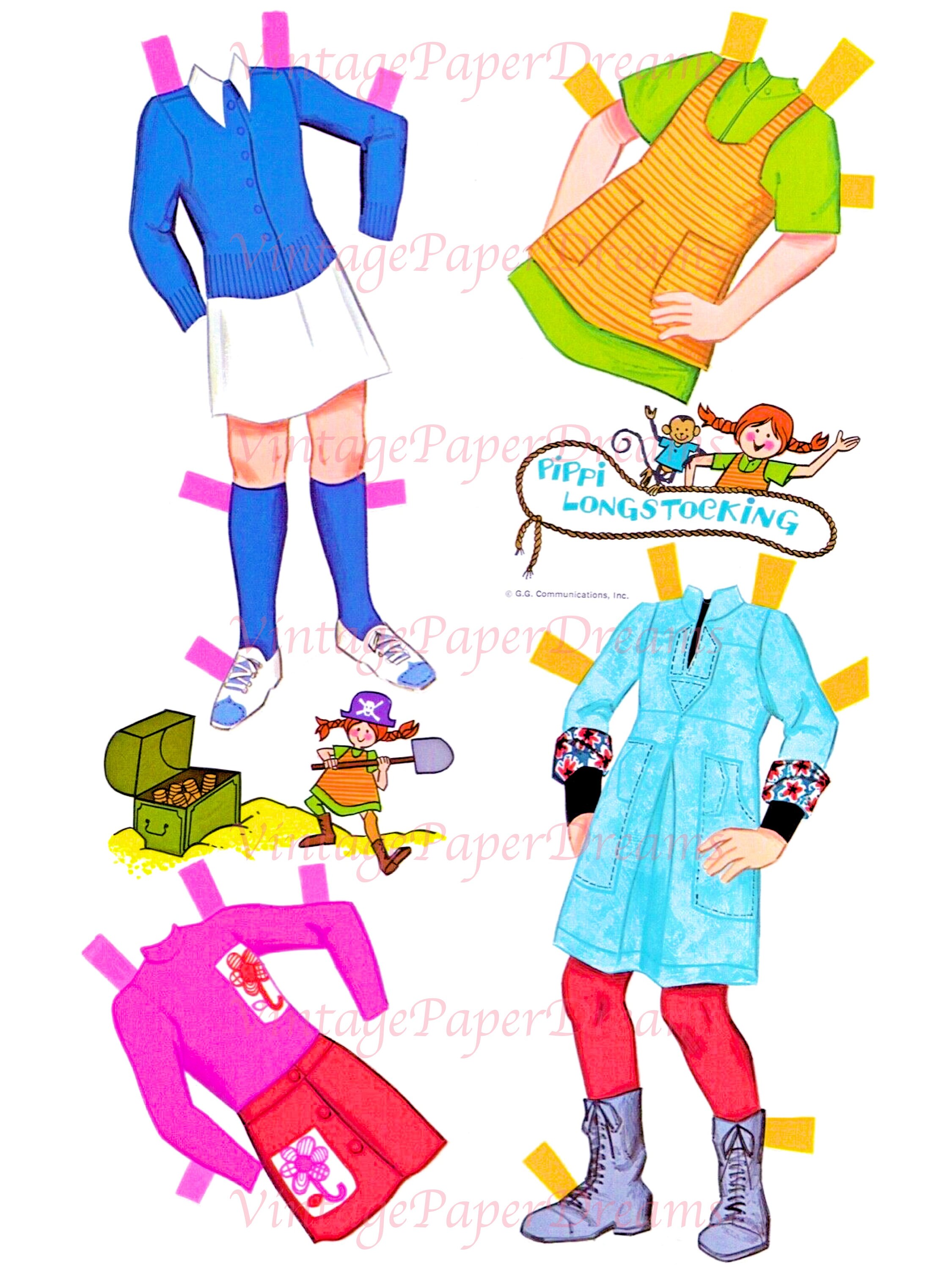Vintage Paper Doll Printable PDF pippi Longstocking Paper Doll 70s 1970s Paper Doll Book Pattern