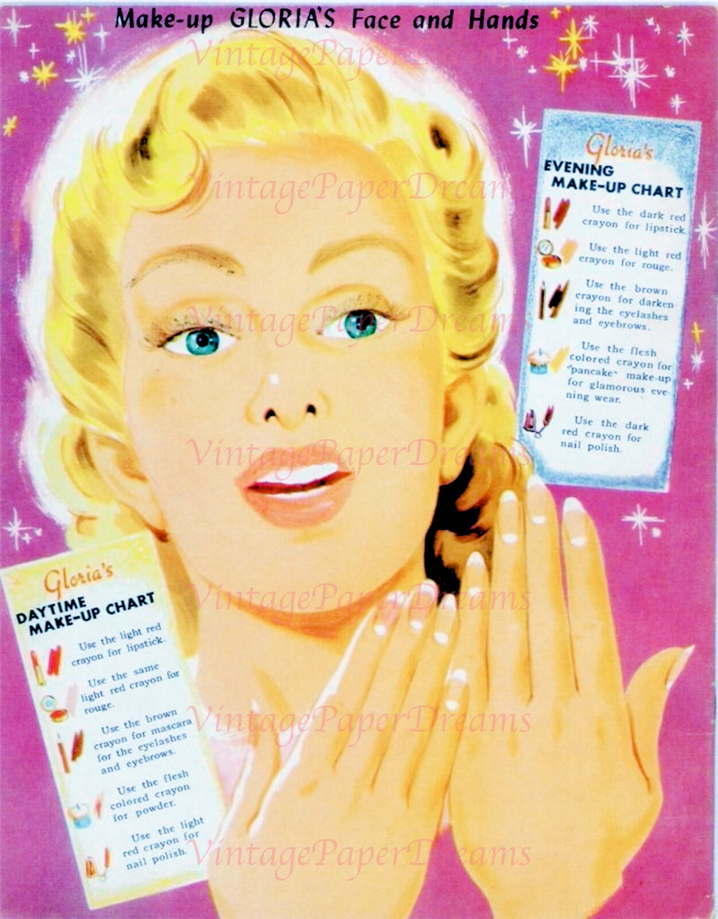 Vintage Paper Doll Printable PDF gloria Make up Paper Doll JPEG 50s