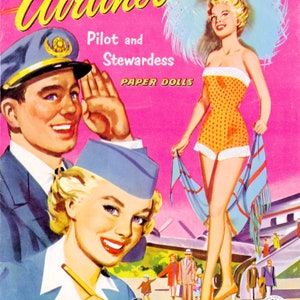 Vintage Paper Doll Printable PDF • Airline Pilot Paper Dolls • 50s 1950s Paper Doll Download Stewardess Frau Puppe Mann Puppe Reise Clip Art