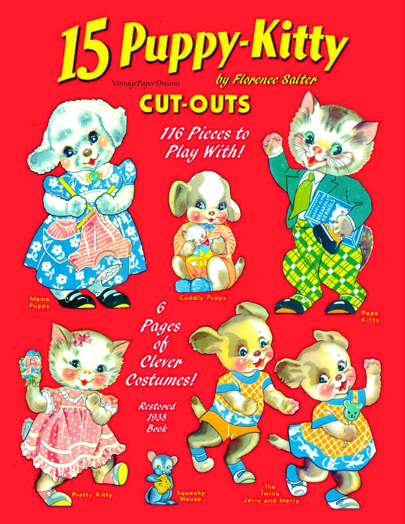Vintage Paper Doll Printable PDF puppy Kitty Paper Doll JPEG Etsy