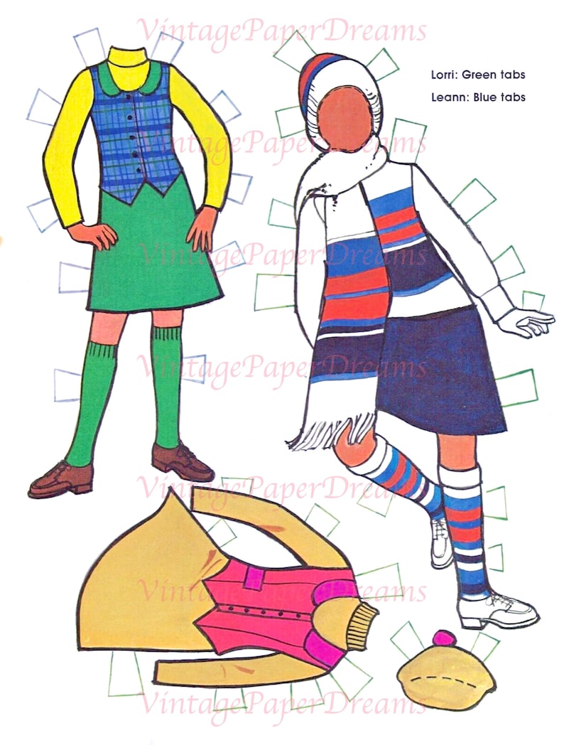 Vintage Paper Doll Printable PDF winter Sisters Paper Doll 70s 1970s