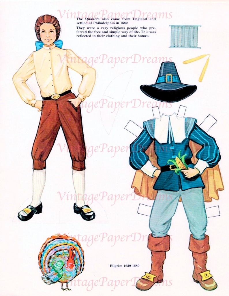 Vintage Paper Doll Printable PDF Colonial America Pilgrim Paper Dolls ...