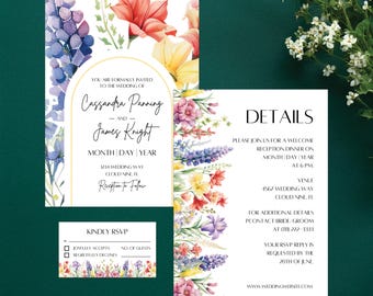 Pakiet RSVP z zaproszeniami ślubnymi Wildflower — Pakiet papeterii z kwiatowymi zaproszeniami ślubnymi — Możliwość edycji za pomocą Canva — Pobieranie cyfrowe