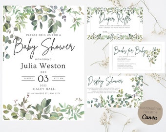 May include: A set of printable baby shower invitations with a green and white watercolor floral design. The invitations include a main invitation, a diaper raffle card, a books for baby card, and a display shower card. The text on the main invitation reads "Please join us for a Baby Shower honoring Julia Weston, Sunday, December 03, 2022 at 11 am, -Caley Hall- 123 Anywhere St., Any City".