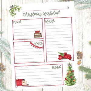 Quiere, necesita, usa, lee la lista de Navidad imprimible, la lista de deseos de Navidad imprimible, la lista de Navidad para niños imprimible
