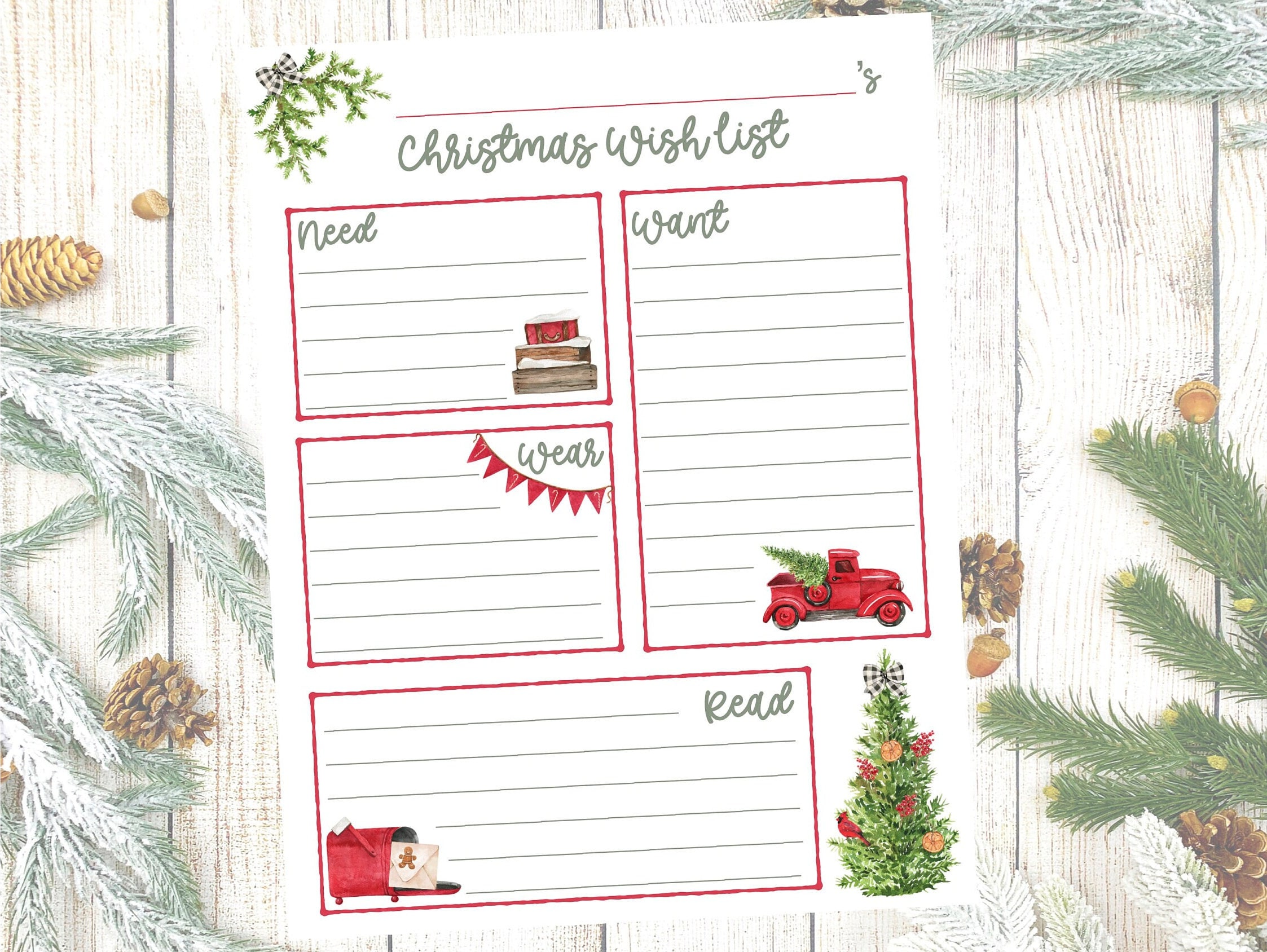want, need, wear, read christmas list printable, christmas wish